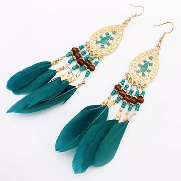 gallery_of_gems Jewelry - 🆑HP! Boho Green Feather Bead Drop Earrings!